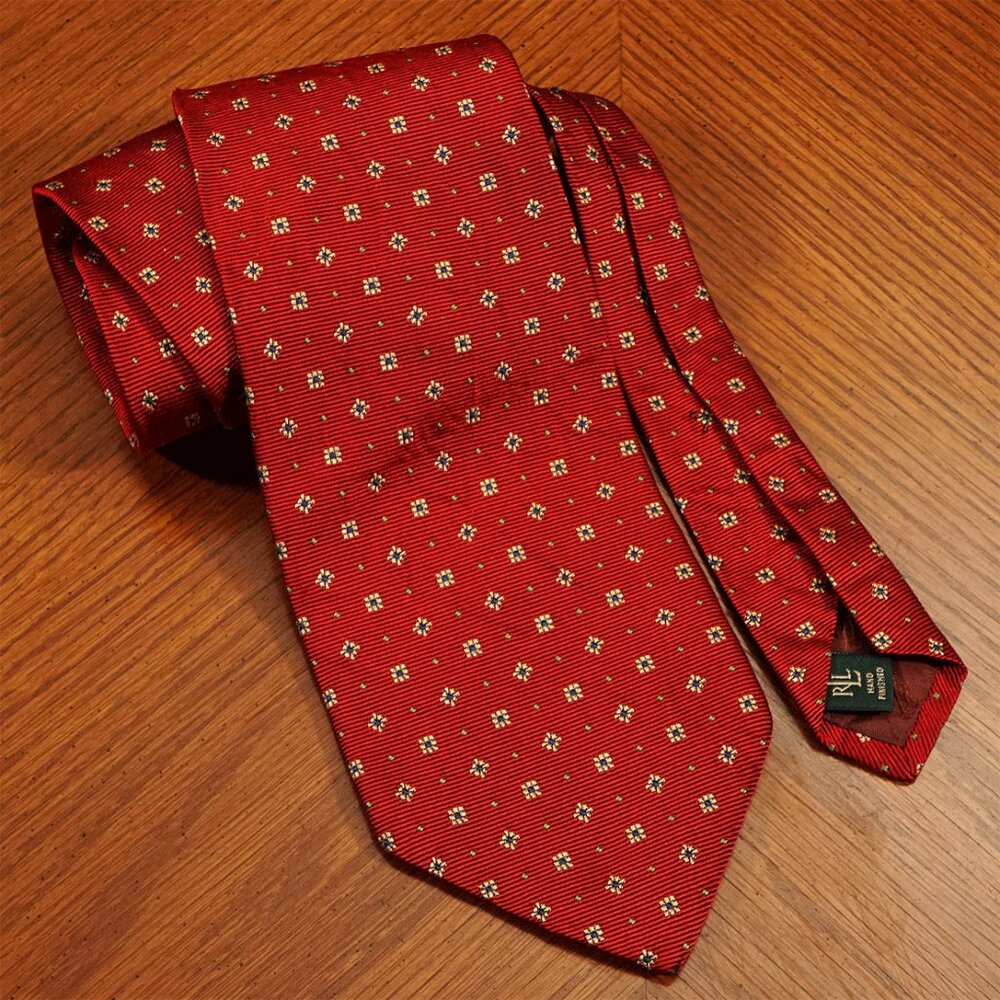 Ralph Lauren RLL Hand-Finished Silk Tie Red Blue Foulard Medallion USA 57" Class
